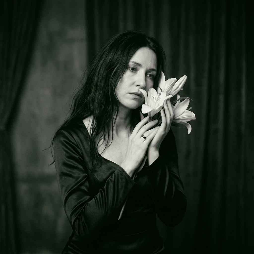 Celeste Veyra holding white lilies