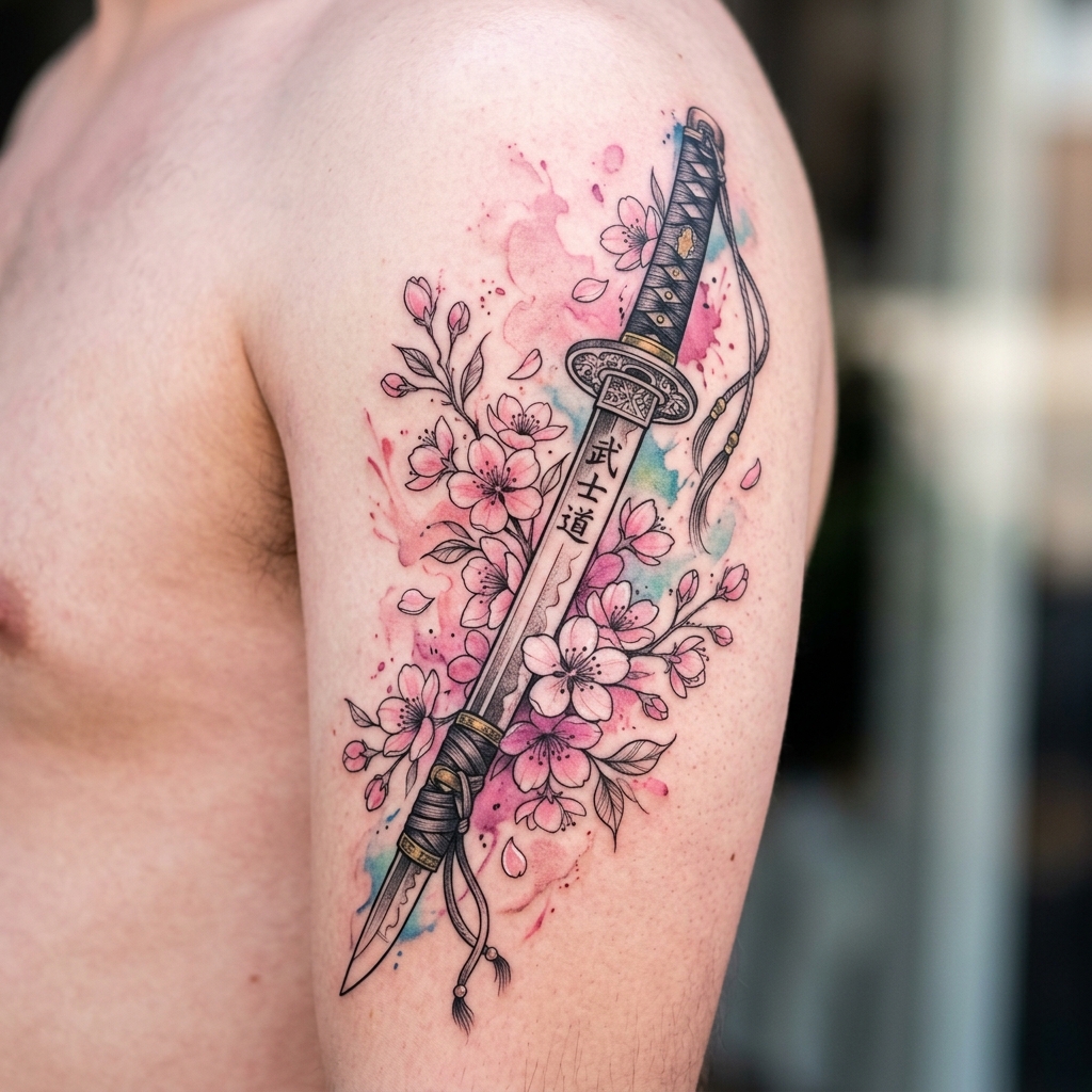 Tattoo de espada atravessando flores japonesas