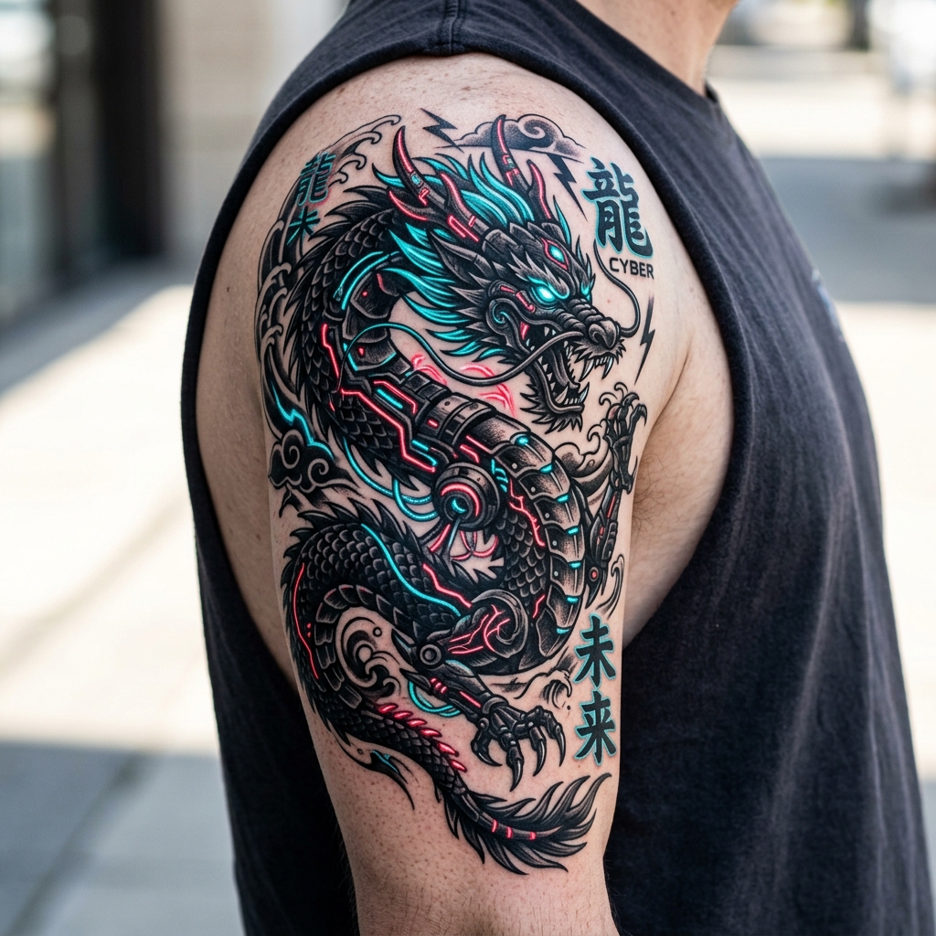 Tattoo de dragão japonês cyberpunk em vermelho e azul