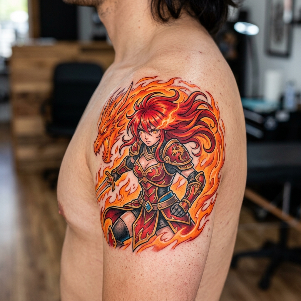 Tattoo colorida de guerreira anime original com cabelo vermelho e energia de fogo