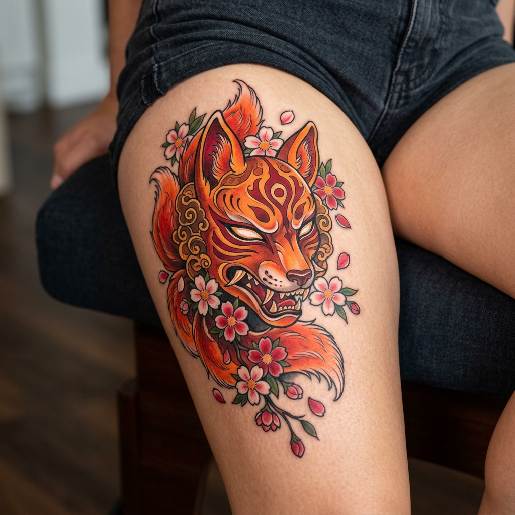 Tattoo colorida de raposa de nove caudas com máscara kitsune estilo neotradicional japonês