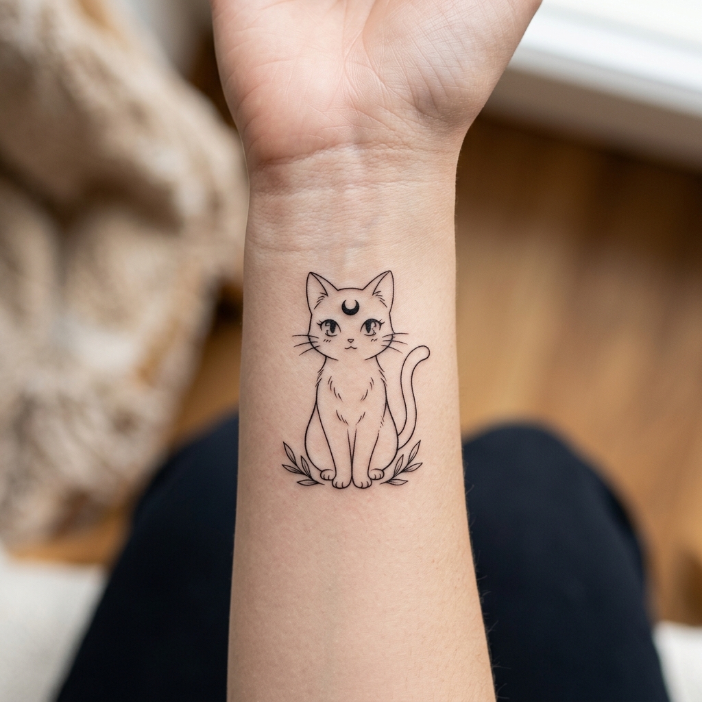 Tattoo fine line delicada de silhueta de gato com lua na testa