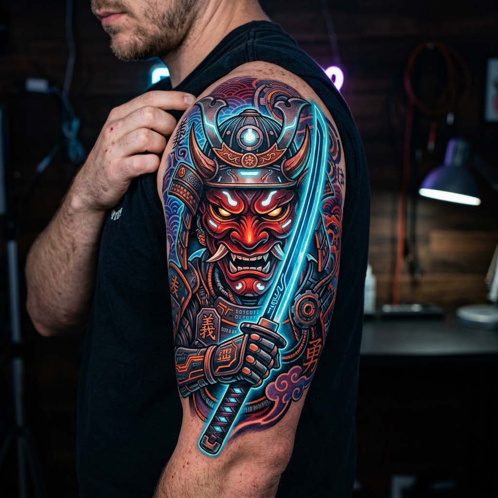 Tattoo de samurai futurista com máscara oni e katana neon