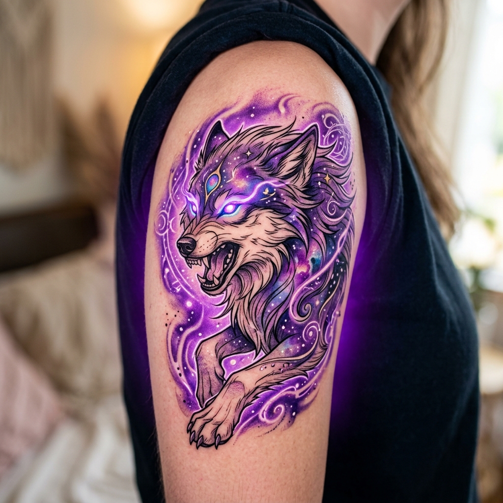 Tattoo de lobo espiritual com aura roxa