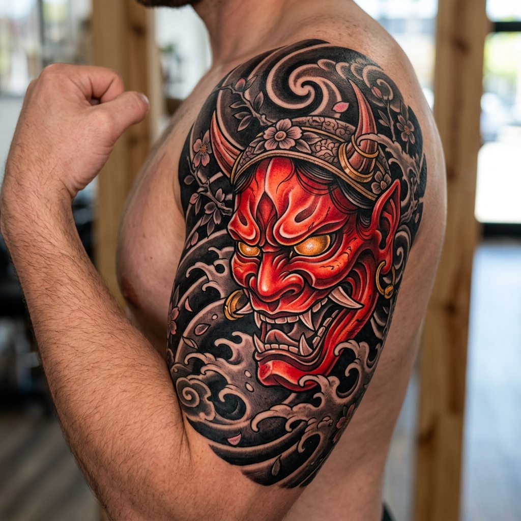 Tattoo de demônio oni estilizado com traços vermelhos intensos